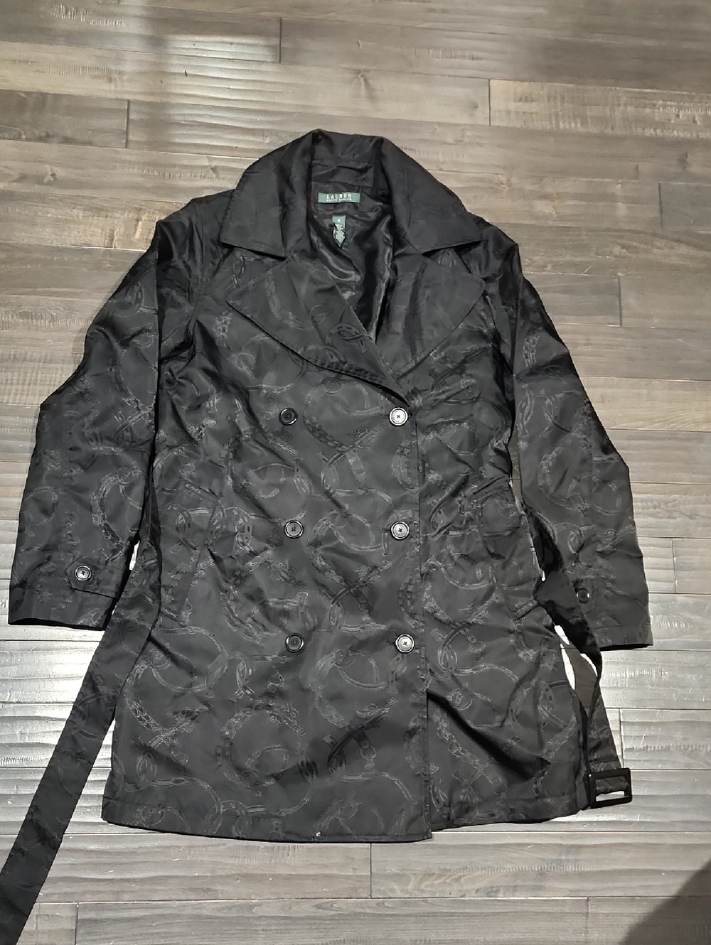 Ralph Lauren Black Double-Breasted Trench with Subtle Jacquard